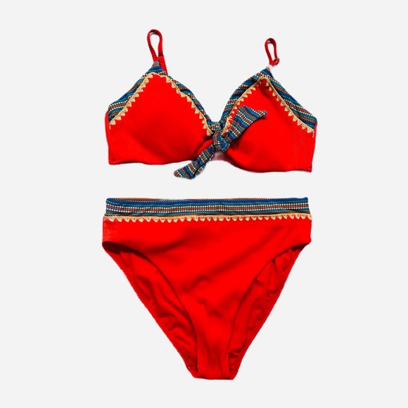 Swimsuits For All Other - SWIMSUITS FOR ALL ~ Vibrant Red Ribbed Bikini w/Geometric Trim Adjustable Straps